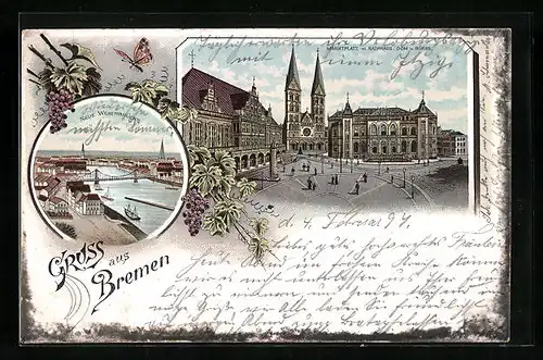 Lithographie Bremen, Marktplatz mit Rathaus, Dom und Börse, Partie an der neuen Weserbrücke