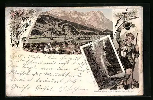 Lithographie Partenkirchen, Ortsansicht mit Bergpanorama, Part nach Klamm
