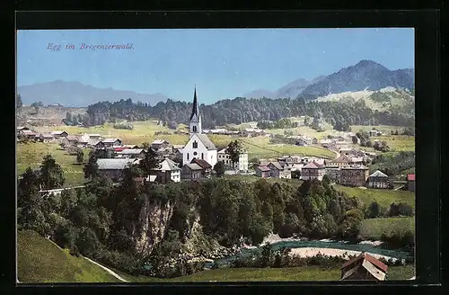 AK Egg, Ortsansicht mit Fluss und Bergpanorama