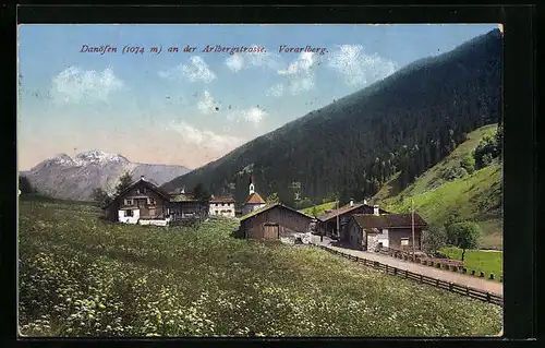 AK Danöfen, Ortsansicht mit Wiesen und Strasse