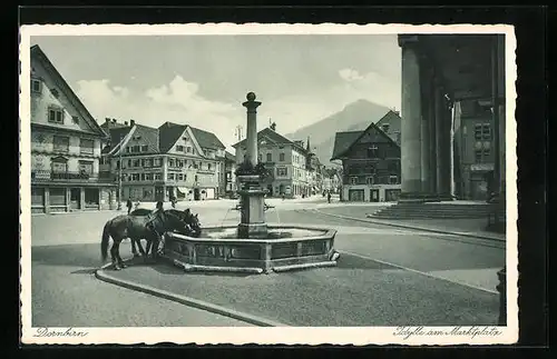 AK Dornbirn, Idylle mit trinkenden Pferden am Marktplatz