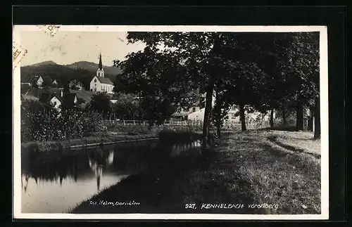 AK Kennelbach, Flusspartie mit Blick auf Kirche