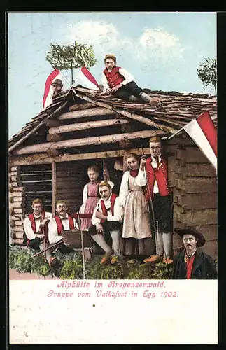 AK Egg, Gruppe vom Volksfest auf einer Alphütte im Bregenzerwald 1902