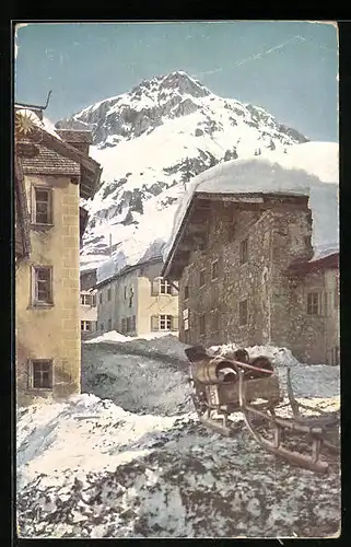 AK Stuben am Arlberg, Strassenpartie im Schnee mit Schlitten