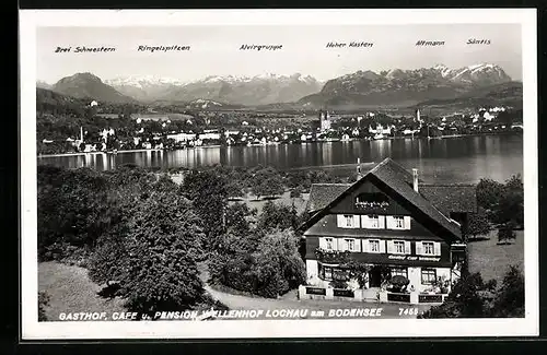 AK Lochau am Bodensee, Gasthof, Cafe u. Pension Wellenhof mit Blick auf den See
