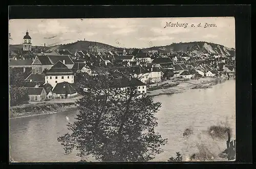 AK Marburg a. d. Drau, Ortsansicht mit Flusspartie