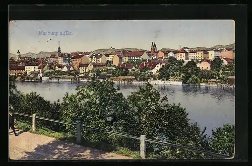 AK Marburg a. Dr., Ortsansicht mit Flusspartie