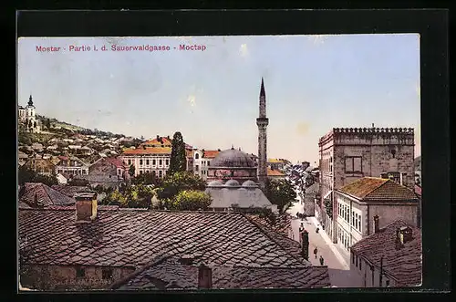 AK Mostar, Sauerwaldgasse aus der Vogelschau mit Moschee