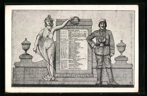 Künstler-AK Res. Art. Mun. Kol. 43, Soldat in Uniform mit Germania