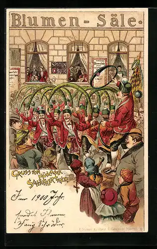 Lithographie München, Schäfflertanz mit Gasthaus Blumen-Säle