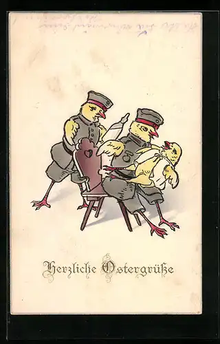 AK Ostergrüsse mit Osterküken in deutschen Uniformen