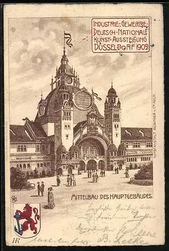 Lithographie Düsseldorf, Industrie- Gewerbe- und Deutsch-Nationale Kunst-Ausstellung 1902, Mittelbau des Hauptgebäudes