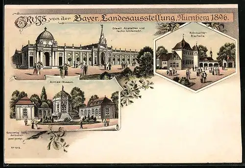 Lithographie Nürnberg, Bayerische Landes-Ausstellung 1896, Kulmbacher Bierhalle, Armee-Museum