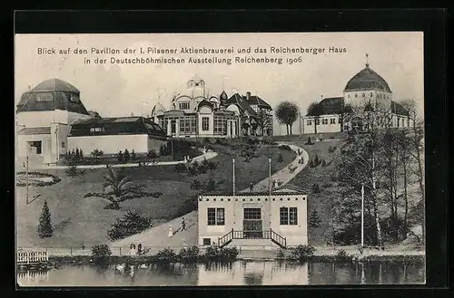 AK Reichenberg, Blick auf den Pavillon der I. Pilsener Aktienbrauerei und das Reichenberger Haus