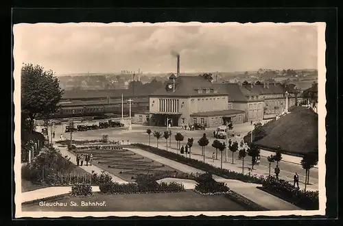 AK Glauchau, Ansicht des Bahnhofs aus der Vogelschau