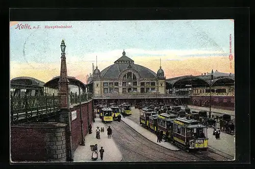 AK Halle a. S., Hauptbahnhof mit Strassenbahnen
