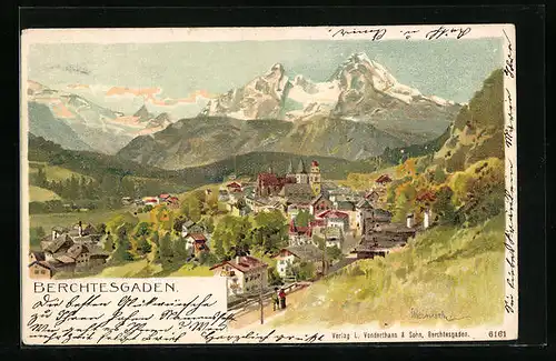 Künstler-AK Karl Heinisch: Berchtesgaden, Ortsansicht aus der Vogelschau