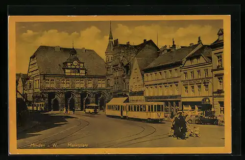 AK Minden i. W., Marktplatz mit Rathaus und Strassenbahn