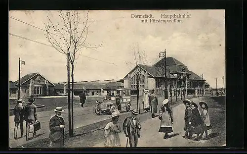 AK Darmstadt, Hauptbahnhof mit Fürstenpavillon