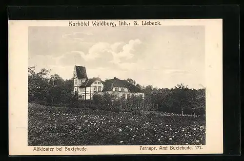 AK Altkloster bei Buxtehude, Kurhotel Waldburg von einem Garten gesehen