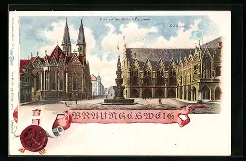 Lithographie Braunschweig, Altstadtmarkt mit Brunnen
