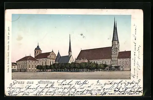 AK Altötting, Marktplatz und Kirche mit leuchtenden Fenstern