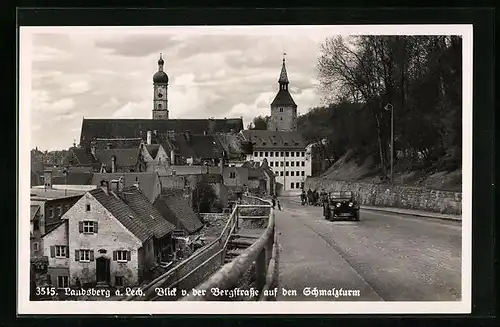 AK Landsberg a. d. Lech, Blick von der Bergstrasse auf den Schmalzturm, mit Automobil