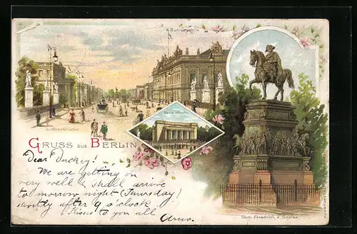 Lithographie Berlin, Ruhmeshalle und Schlossbrücke, Neue Wache, Denkmal Friedrich der Grosse