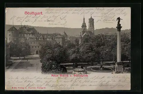 Relief-AK Stuttgart, Altes Schloss und Schlossplatz mit Denkmal