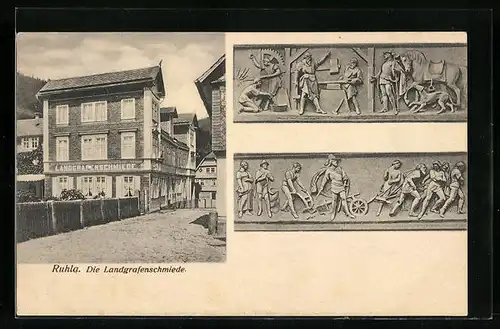 AK Ruhla, Die Landgrafenschmiede, Relief mit Schmied und Bauern