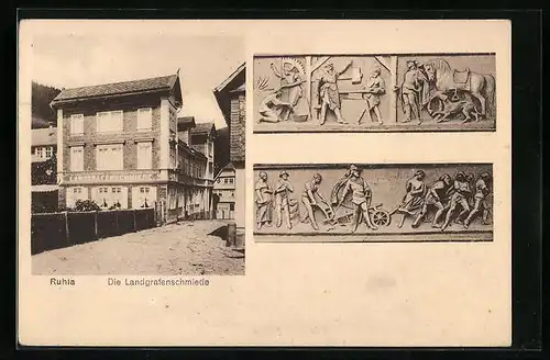 AK Ruhla, Die Landgrafenschmiede, Relief mit Schmied und Bauern