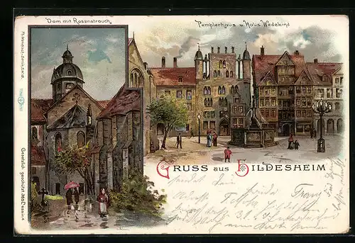 Lithographie Hildesheim, Templerhaus und Haus Wedekind, Dom mit Rosenstrauch im Regen