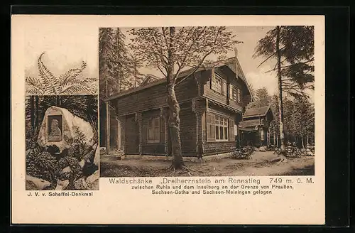 AK Ruhla, Waldgasthaus Dreiherrnstein am Rennstieg zwischen Ruhla und dem Inselberg, J. V. v. Scheffel-Denkmal