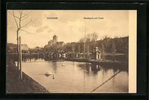 AK Geithain, Stadtpark mit Teich und Blick auf Burg