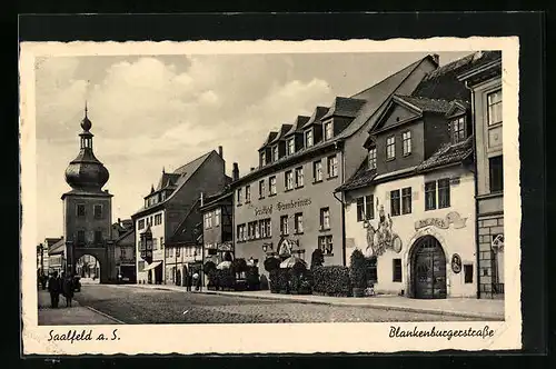 AK Saalfeld a. S., Partie in der Blankenburgerstrasse mit Gasthof Gambrinus