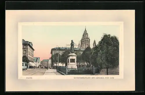 AK Mainz, Gutenbergplatz mit Denkmal und Dom