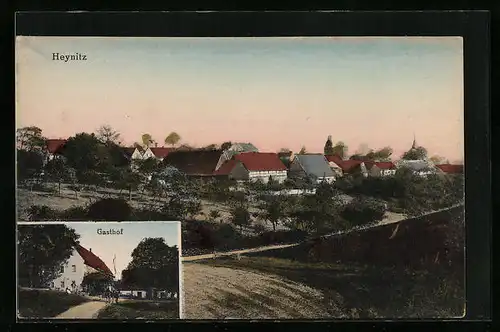 AK Heynitz, Ortsansicht aus der Vogelschau, Gasthof