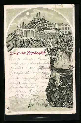 Lithographie Drachenfels, Burg und Gasthaus mit Fabelwesen am Rhein