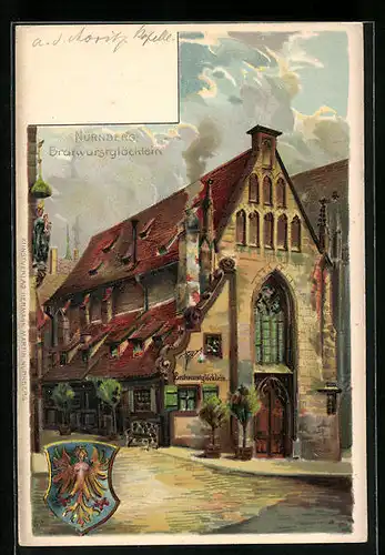 Künstler-AK Nürnberg, Gasthaus Bratwurstglöcklein, geprägtes Wappen