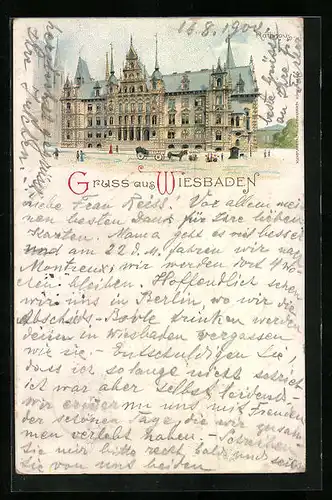 Lithographie Wiesbaden, Rathaus von der Strasse gesehen