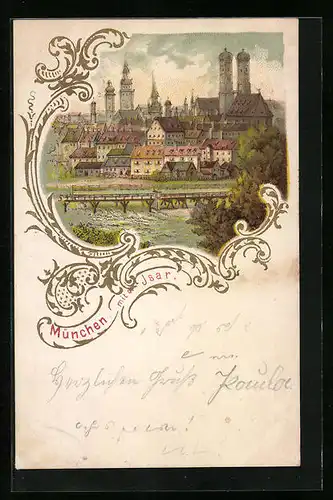 Passepartout-Lithographie München, Ortsansicht mit Isar, Private Stadtpost