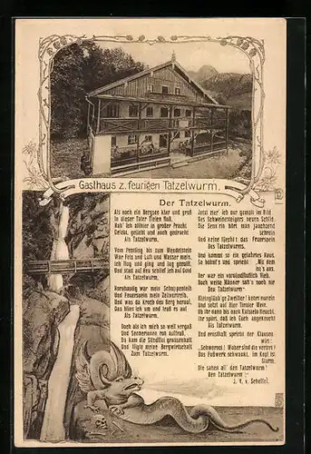 Passepartout-AK Oberaudorf, Gasthaus zum feurigen Tatzelwurm, Lindwurm, Gedicht