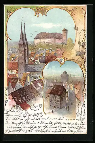 Lithographie Nürnberg, Teilansichten aus der Vogelschau