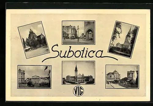 AK Subotica, Versch. Strassenpartien, Kirche, Nationaltheater