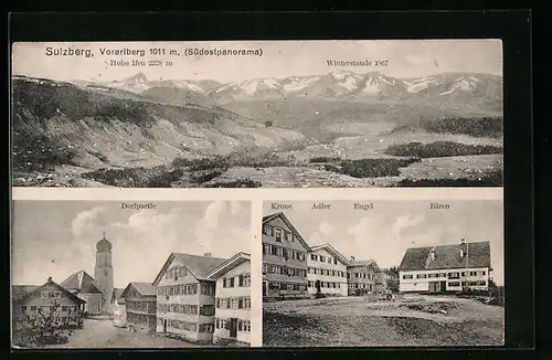 AK Sulzberg, Gasthäuser Krone, Adler, Engel und Bären, Südostpanorama mit Hohe Ifen und Winterstaude, Dorfpartie