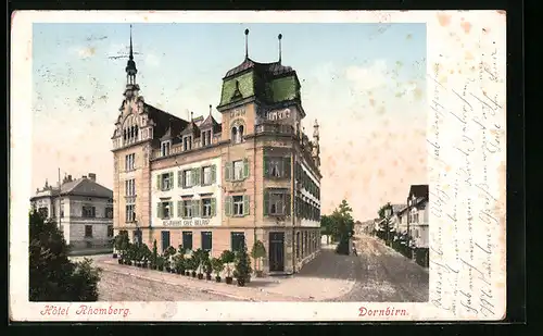 AK Dornbirn, Hotel Rhomberg in der Strassenansicht