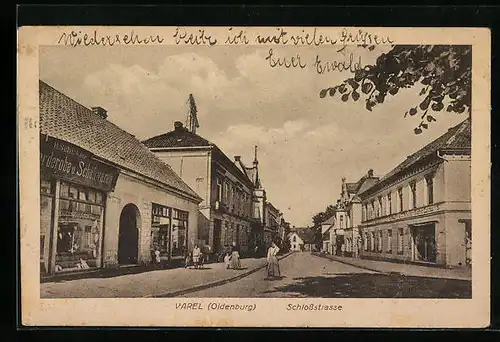 AK Varel i. Oldenburg, Schlossstrasse mit Schreibwaren-Geschäft