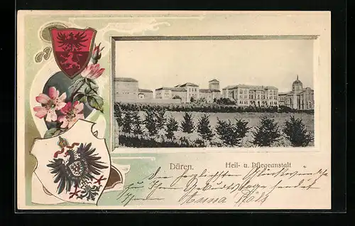 Passepartout-Lithographie Düren, Heil- und Pflegeanstalt mit Wappen