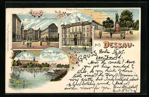 Künstler-AK Dessau, Schloss Vorderseite, Palais des Prinzen Eduard, Herzog Franz Denkmal