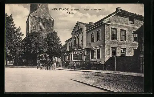 AK Neustadt /Südharz, Hotel Ratskeller mit Pferdewagen